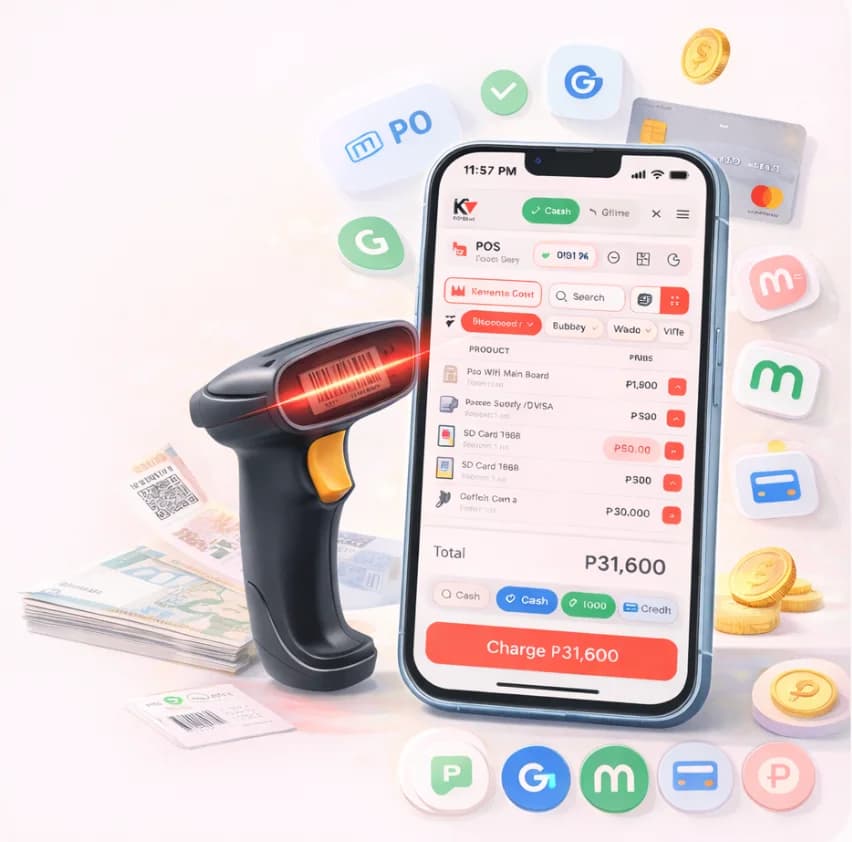 KwentaPOS running a checkout with a barcode scanner on a phone